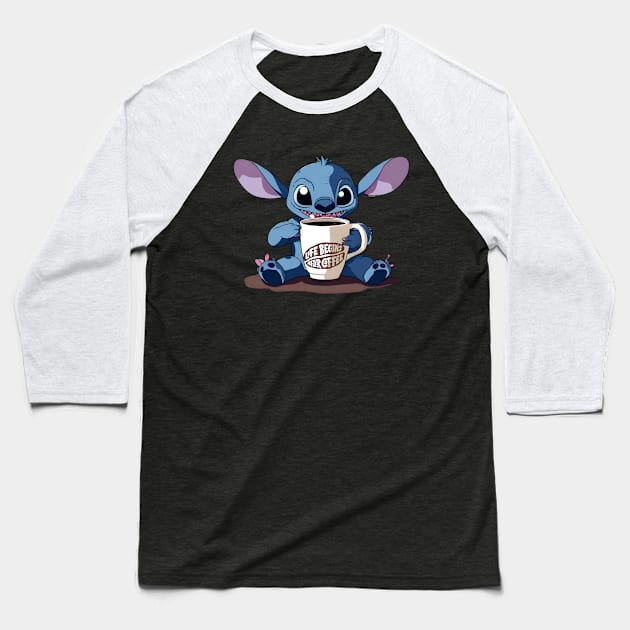 Cute Stich with coffee Baseball T-Shirt by Artist usha